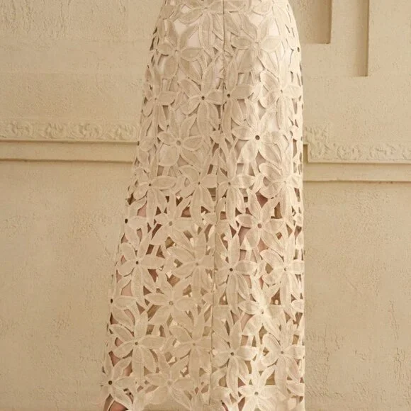 Khaki Casual Women's Floral Lace Cutout A-Line Skirt - Picture 2 of 9